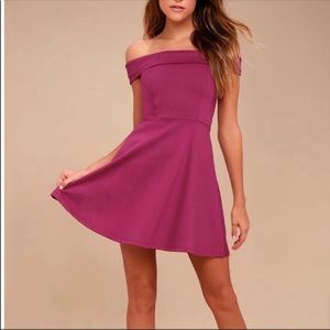 Lulu’s Magenta Pink Skater Swing Dress Off-the- Shoulder Sexy Yet Classy